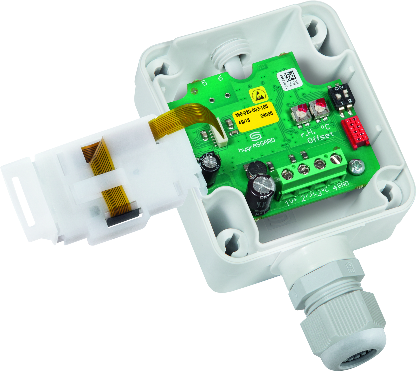 HYGRASGARD DFF-I LCD, mit geöffneter Abdeckung und LCD-Anzeige, mit Sinterfilter - S+S Regeltechnik