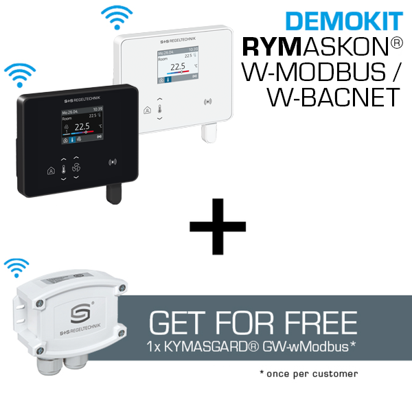 Testen Sie W-Modbus/wBACnet: Unser Demokit, Gesamtansicht mit zwei Displays und einem Sensor