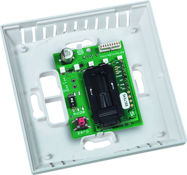 AERASGARD RCO2-AS UPNT, mit geöffneter Abdeckung und sichtbarer Platine, mit Sinterfilter - S+S Regeltechnik