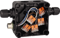 Verteilerbox - 2 RS485-Teilnehmern je Port (1-4) an powerIO®-Box, 1x Kabelverschraubung, 1x M12-Buchse Power IO-Y-Verteiler Box - S+S Regeltechnik