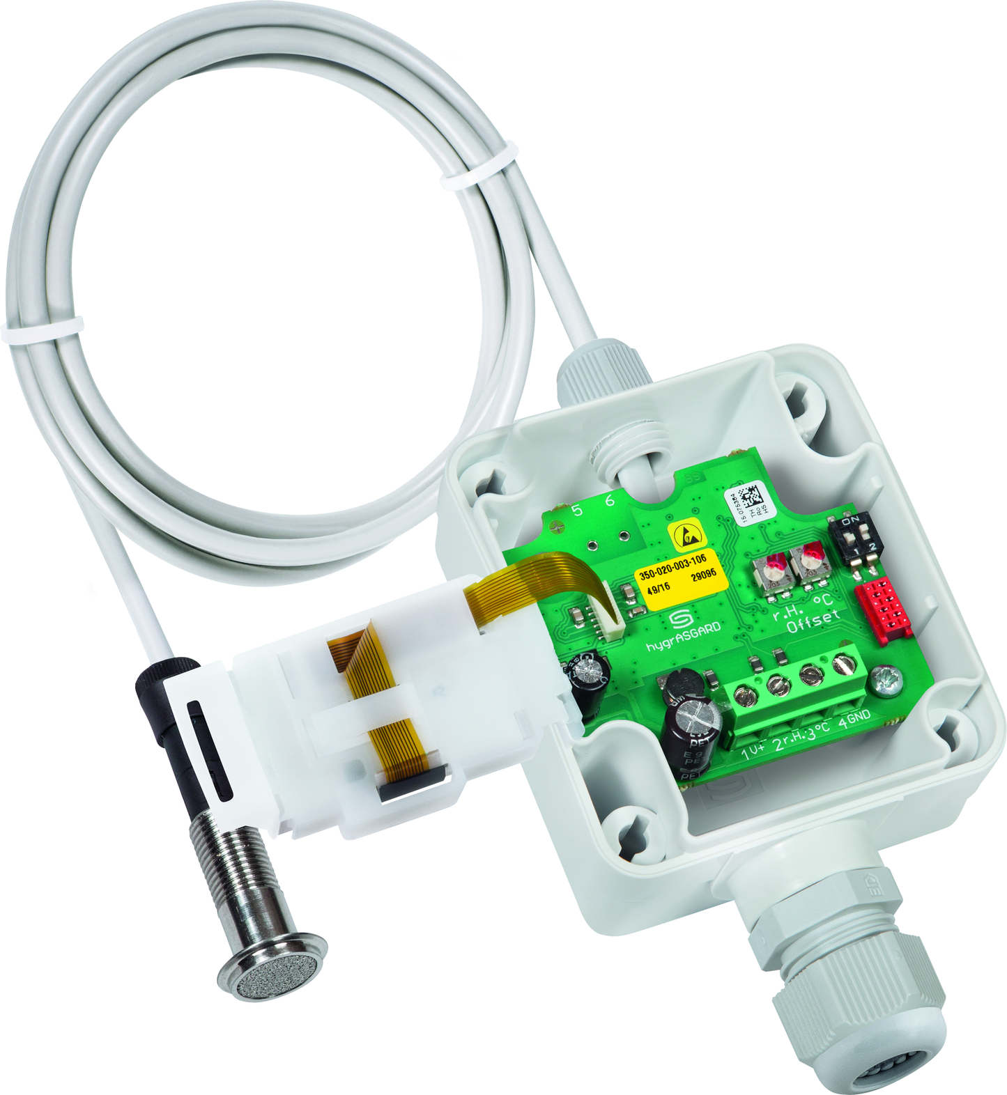 HYGRASGARD VFTF-I LCD, mit geöffneter Abdeckung und LCD-Anzeige, mit Sinterfilter - S+S Regeltechnik