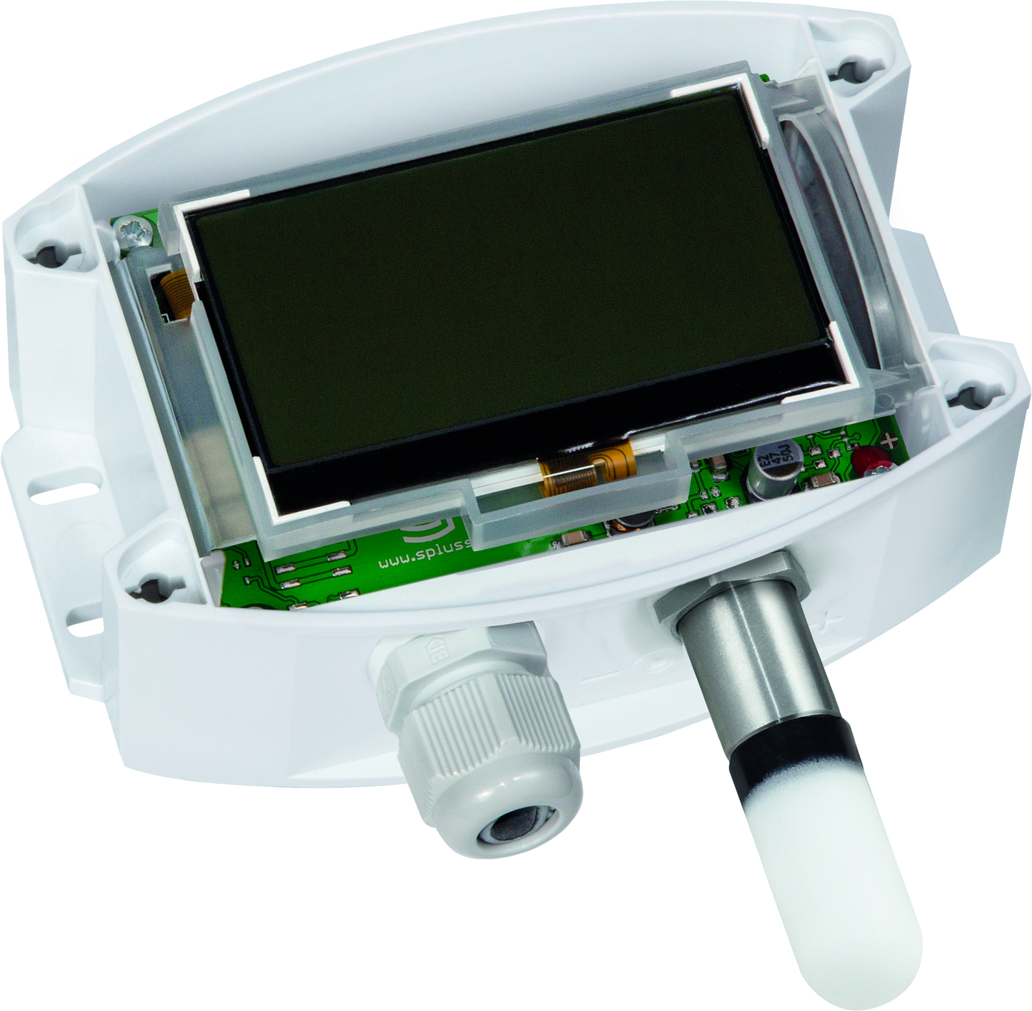 HYGRASGARD AFTF-I LCD, mit geöffneter Abdeckung, mit Kunststoff-Sinterfilter - S+S Regeltechnik