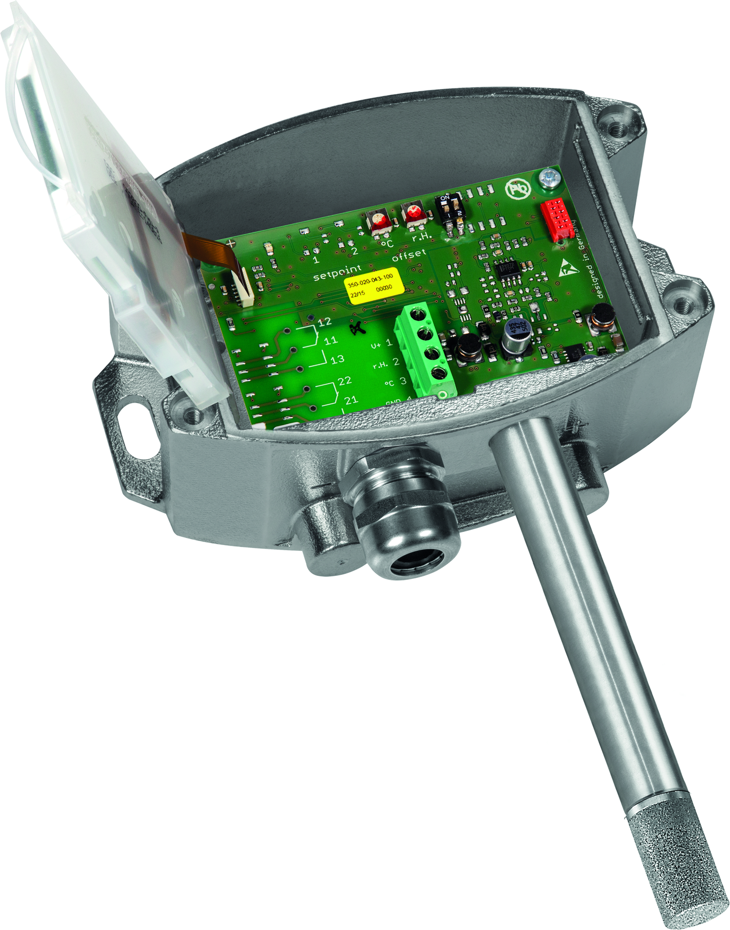 HYGRASGARD AFTF-20-I VA LCD, mit geöffneter Abdeckung und LCD-Anzeige, mit Metall-Sinterfilter - S+S Regeltechnik