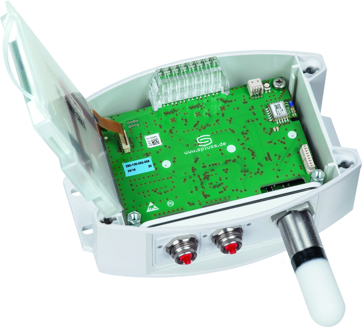 HYGRASGARD AFTF-ECATP LCD, mit geöffneter Abdeckung und LCD-Anzeige, mit Kunststoff-Sinterfilter - S+S Regeltechnik