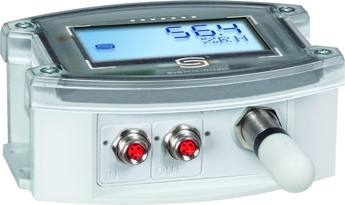 HYGRASGARD AFTF-ECATP LCD, Anschlussseite des Geräts, mit Kunststoff-Sinterfilter - S+S Regeltechnik