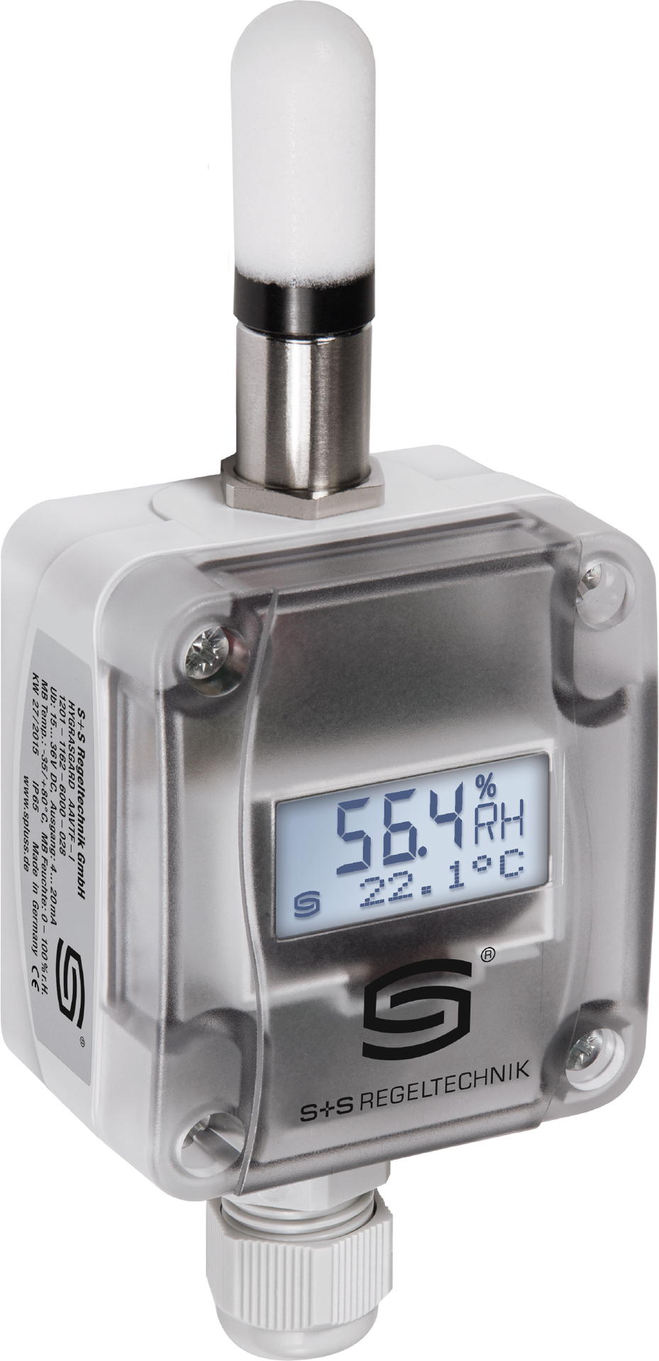 Aufputzfeuchtefühler / Außenfeuchtefühler HYGRASGARD AFF-SD-I LCD, mit LCD-Anzeige, mit Kunststoff-Sinterfilter - S+S Regeltechnik