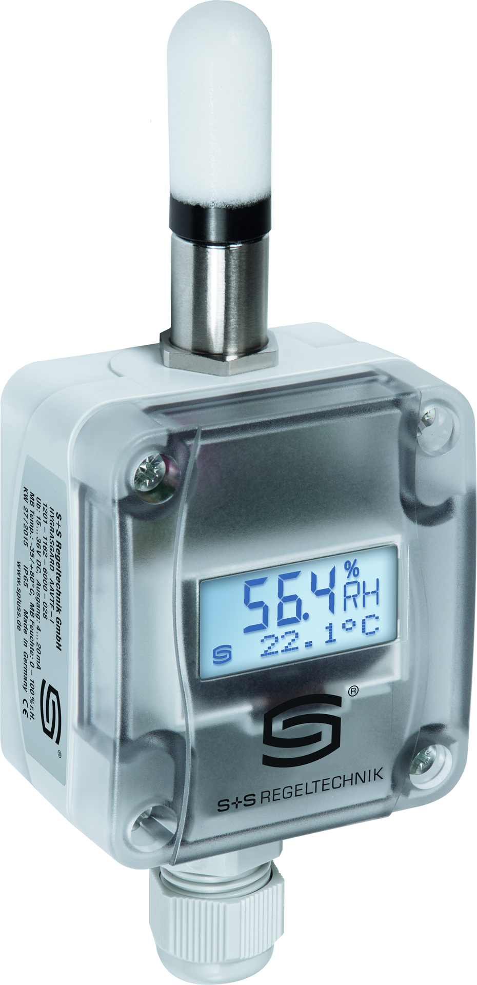 Aufputzfeuchtefühler / Außenfeuchtefühler für MIschungsverhältnis HYGRASGARD AAVTF-U LCD, mit LCD-Anzeige, mit Kunststoff-Sinterfilter - S+S Regeltechnik