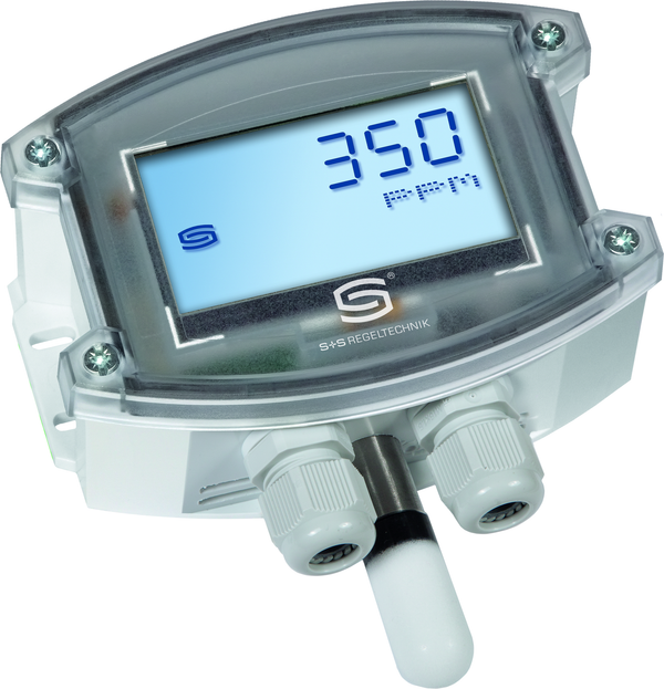 AERASGARD AFTM-LQ-CO2-Modbus LCD, mit geöffneter Abdeckung, mit Metall-Sinterfilter - S+S Regeltechnik