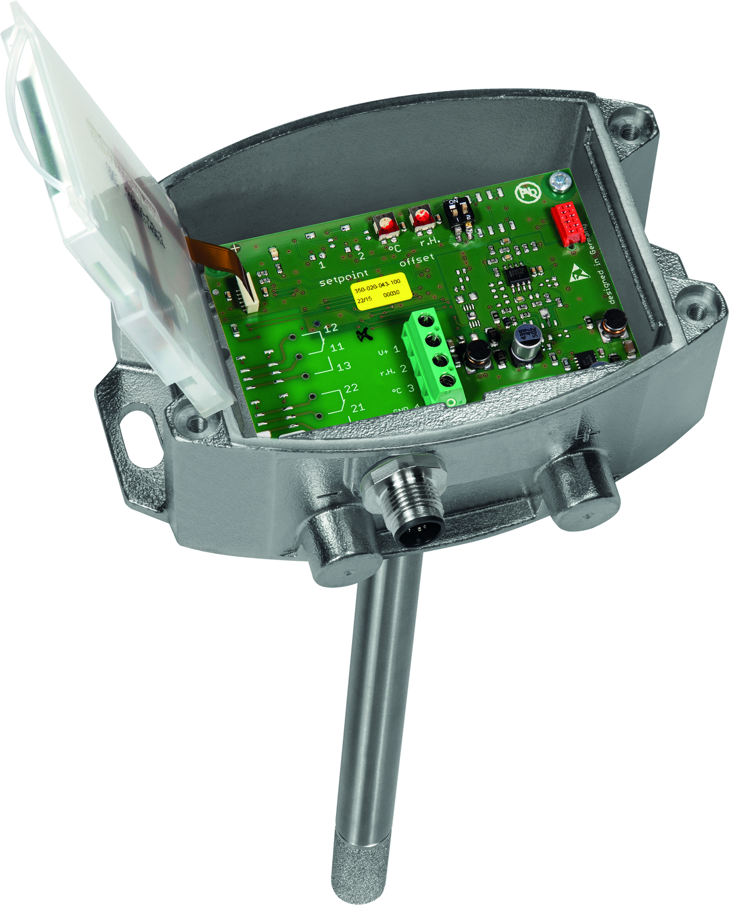 HYGRASGARD KFTF-20-U VAQ LCD, mit geöffneter Abdeckung und LCD-Anzeige, mit Metall-Sinterfilter - S+S Regeltechnik