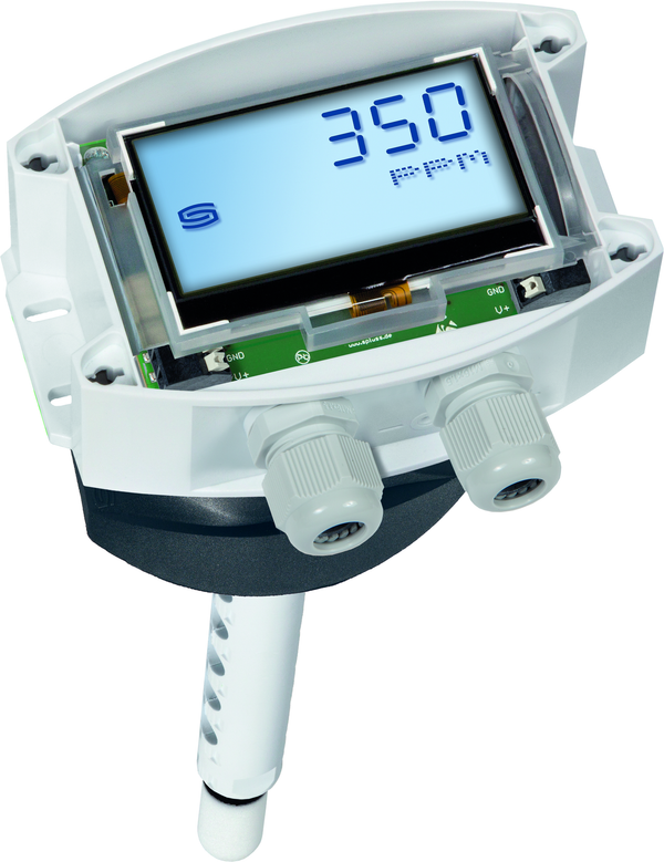 AERASGARD KFTM-LQ-CO2-Modbus LCD, mit geöffneter Abdeckung, mit Sinterfilter - S+S Regeltechnik