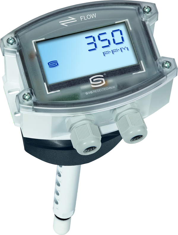 AERASGARD KFTM-LQ-CO2-Modbus LCD, mit geöffneter Abdeckung, mit Metall-Sinterfilter - S+S Regeltechnik