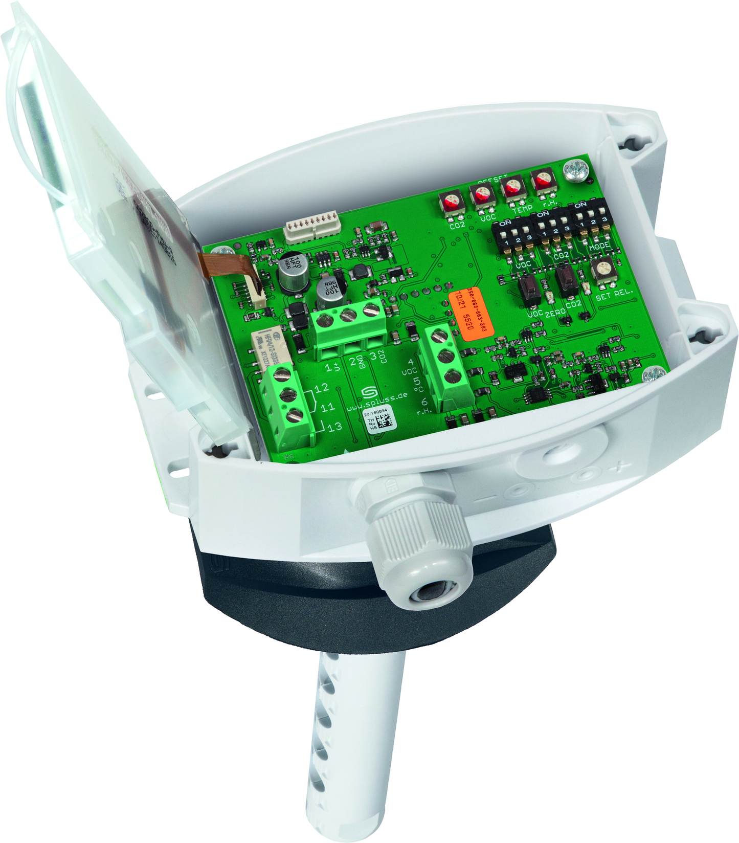 AERASGARD KFTM-CO2-W LCD, mit geöffneter Abdeckung und LCD-Anzeige, mit Sinterfilter - S+S Regeltechnik