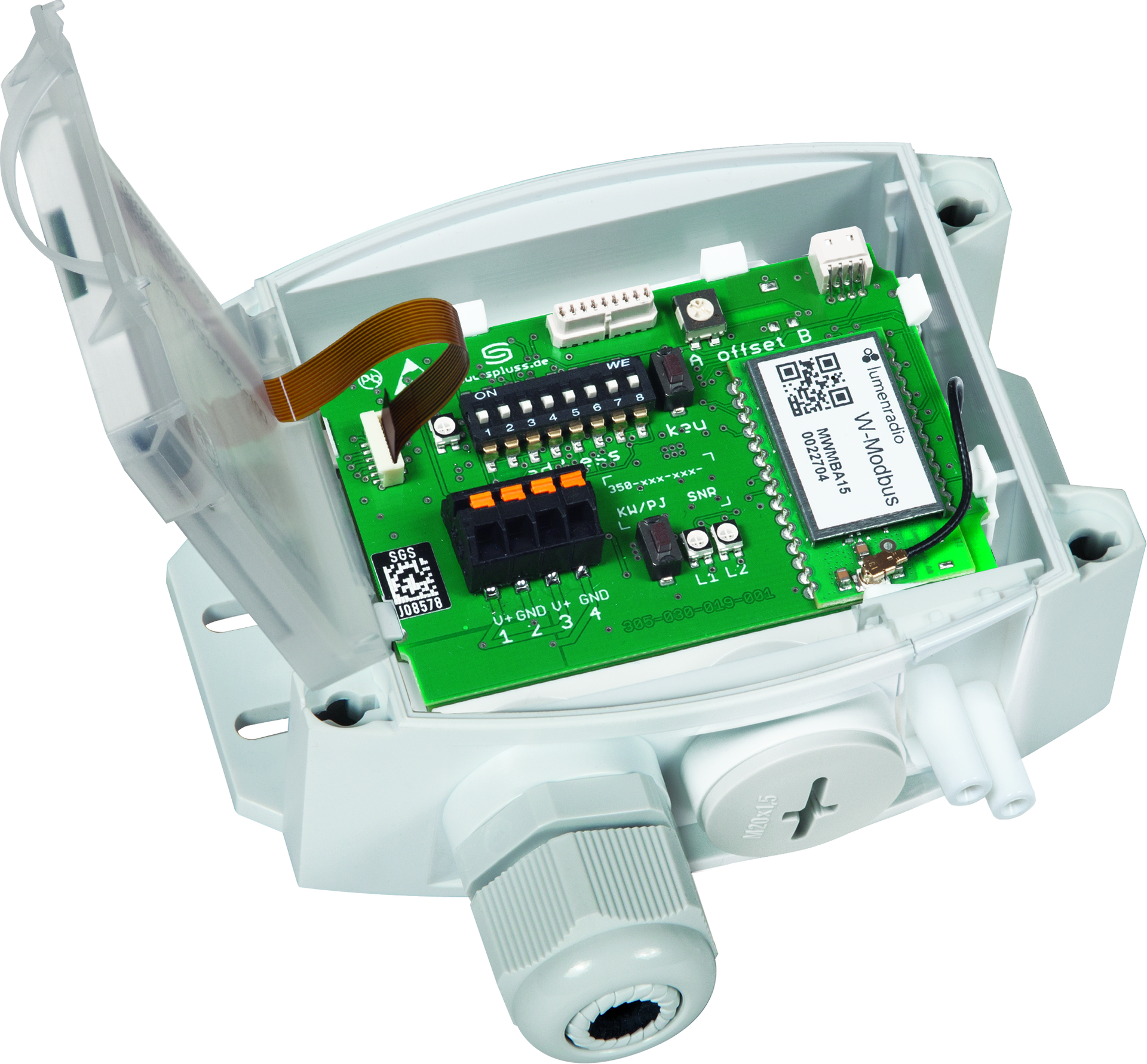 PREMASGARD 2327-wModbus LCD, mit geöffneter Abdeckung und LCD-Anzeige - S+S Regeltechnik