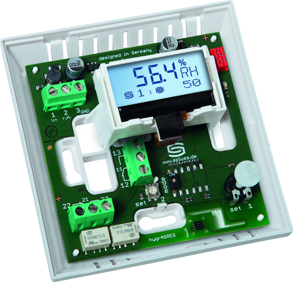 HYGRASREG RHT-30W U, mit geöffneter Abdeckung und sichtbarer Platine - S+S Regeltechnik