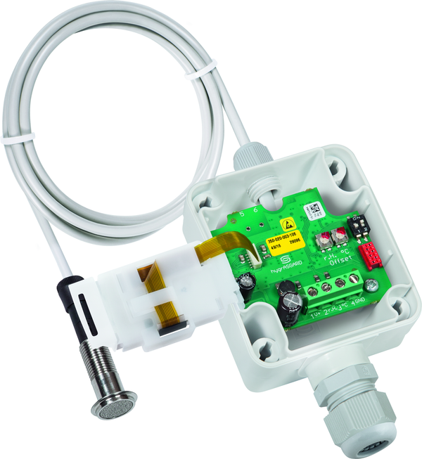 HYGRASGARD VFTF-U LCD, mit geöffneter Abdeckung und LCD-Anzeige, mit Sinterfilter - S+S Regeltechnik