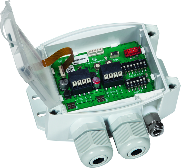 HYGRASGARD VFTF-Modbus-T3 LCD, mit geöffneter Abdeckung und LCD-Anzeige, mit Sinterfilter - S+S Regeltechnik